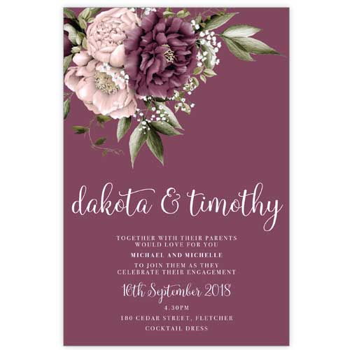 Blushing Marsala Peonie burgundy and dusty pink flowers placed at the top of the engagement invitation