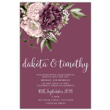 Blushing Marsala Peonie burgundy and dusty pink flowers placed at the top of the engagement invitation