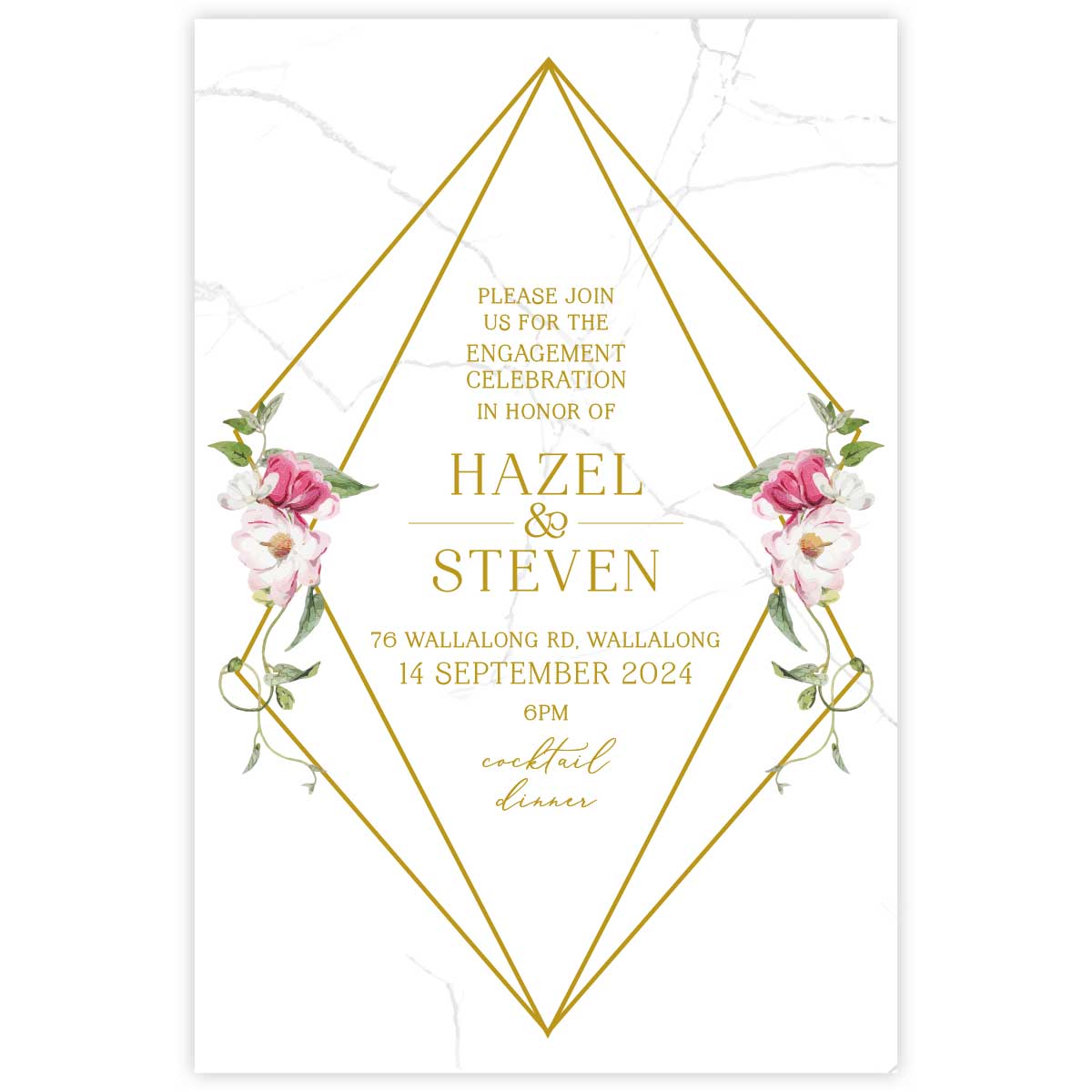 Beautiful watercolour floral designed engagement invitation with white and pink flowers in a geometric gold border.