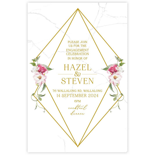 Beautiful watercolour floral designed engagement invitation with white and pink flowers in a geometric gold border.
