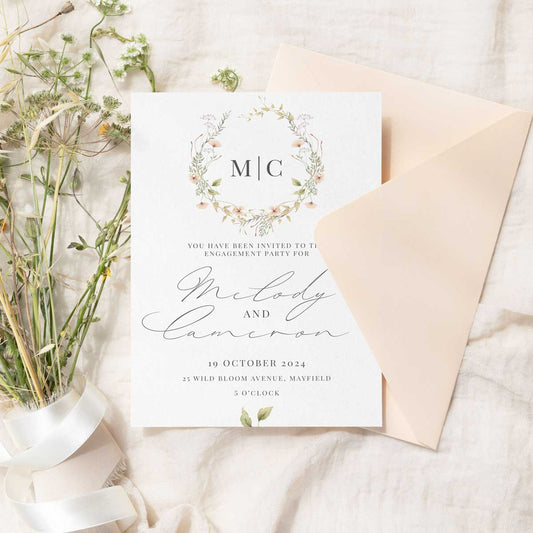 wild blooms peach engagement invitation wreath