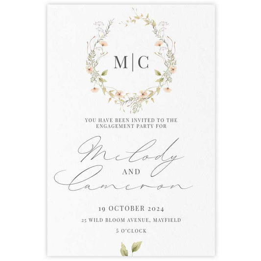 wild blooms peach engagement invitation wreath