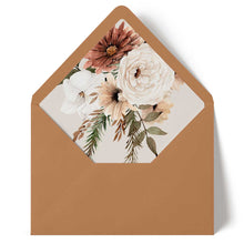 Bohemian Elegance Envelope liner featuring boho brown and neutral coloured florals, white orchids with greenery