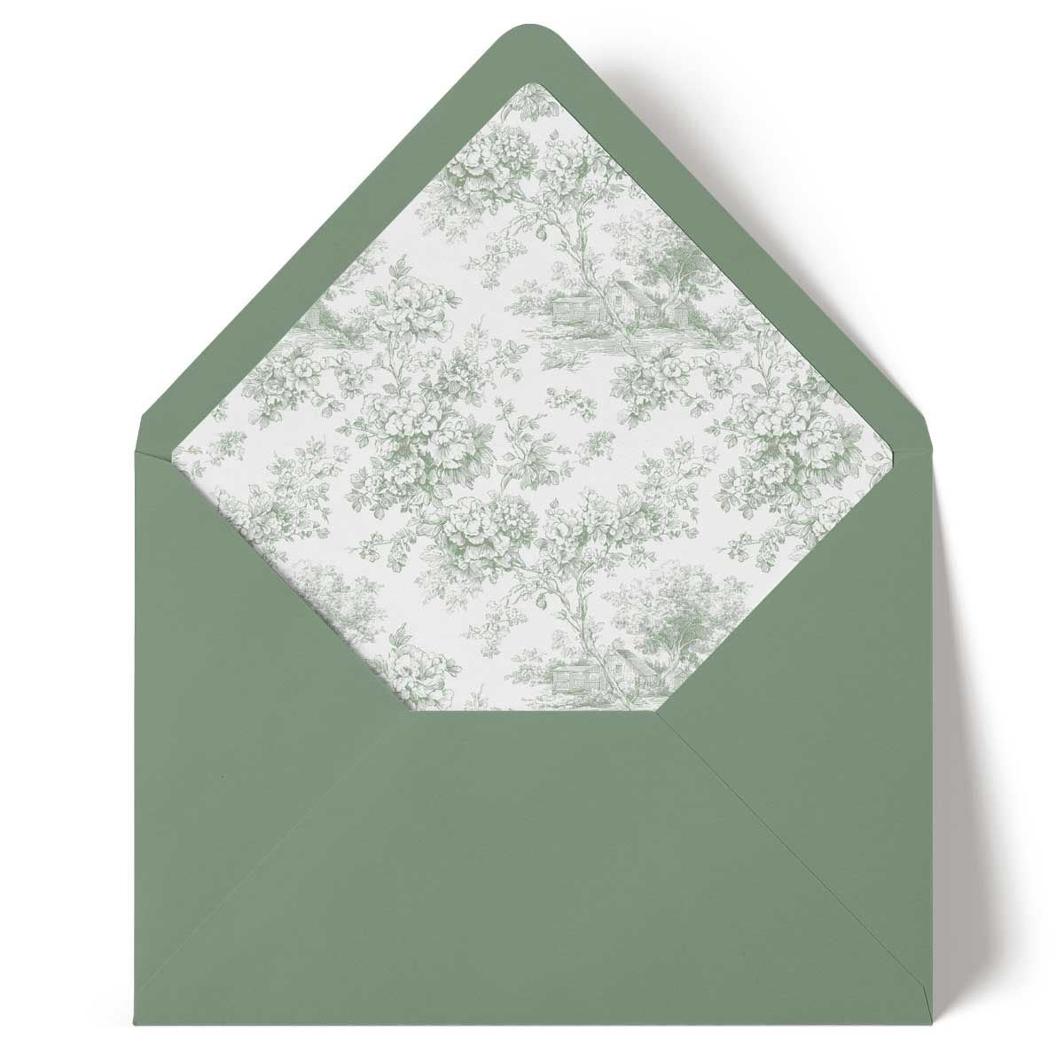 sage green envelope with a toile floral patterned interior on a white background
