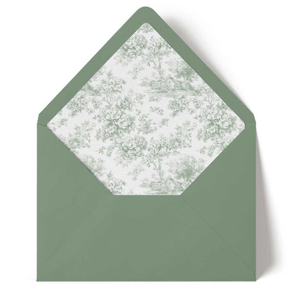 sage green envelope with a toile floral patterned interior on a white background