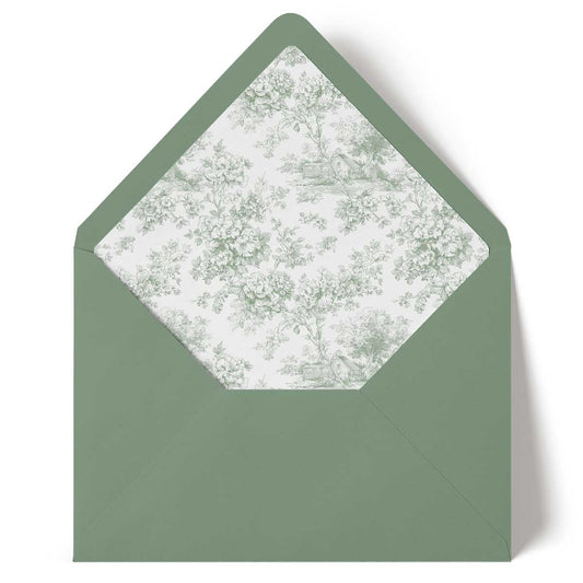 sage green envelope with a toile floral patterned interior on a white background