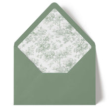 sage green envelope with a toile floral patterned interior on a white background