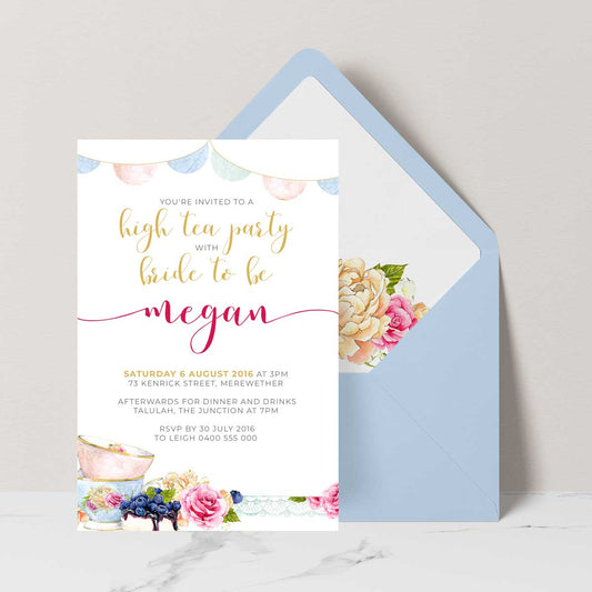 high tea themed bridal shower invitation with light blue envelope and floral liner