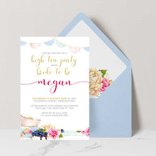 high tea themed bridal shower invitation with light blue envelope and floral liner