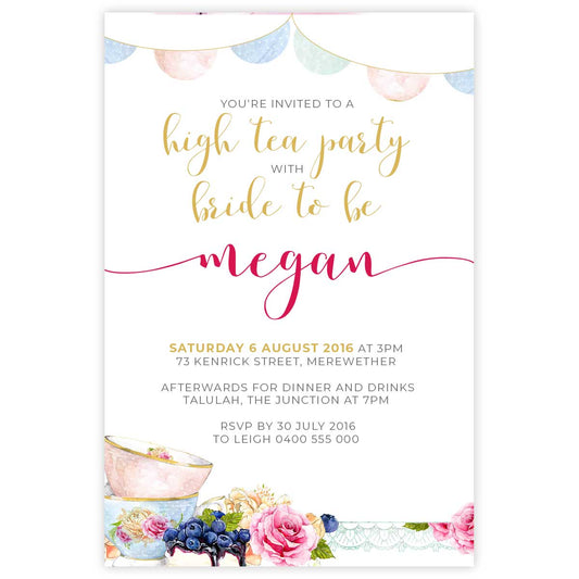 high tea themed bridal shower invitation with teacups and flowers, desserts
