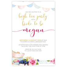 high tea themed bridal shower invitation with teacups and flowers, desserts