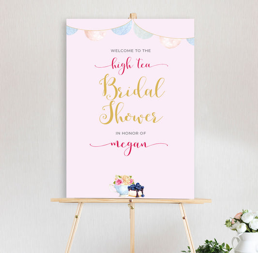high tea themed bridal shower welcome sign on pink background