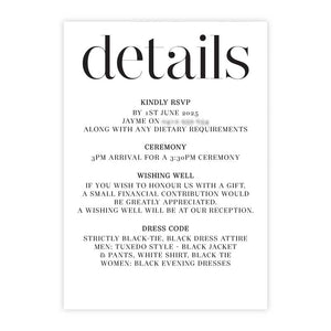modern chic black and white wedding invitation details card