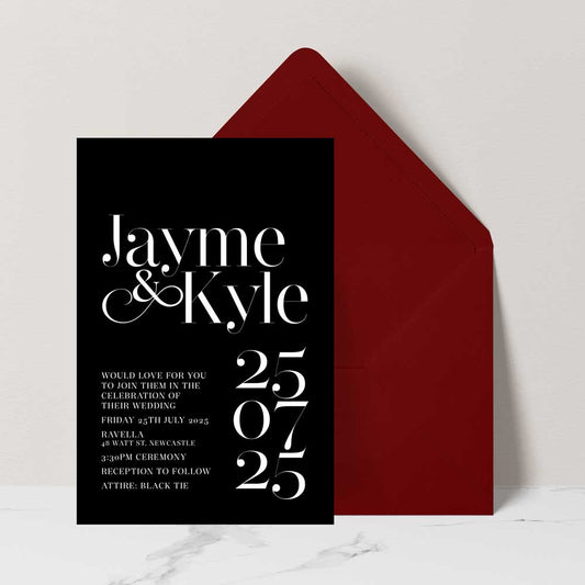 modern chic black and white wedding invitation with dark red envelope