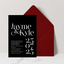 modern chic black and white wedding invitation with dark red envelope