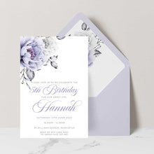 floral rose designed birthday invitation featuring white and lavendar lilac rose with elegant flowing script font with lavendar envelope and liner