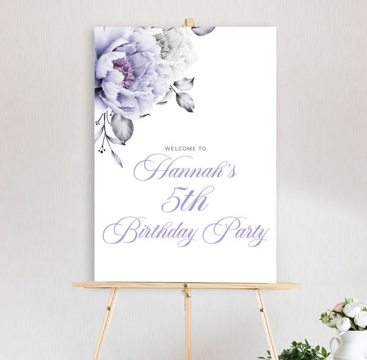 floral rose designed Birthday Welcome Sign featuring white and lavender lilac rose with elegant flowing script font