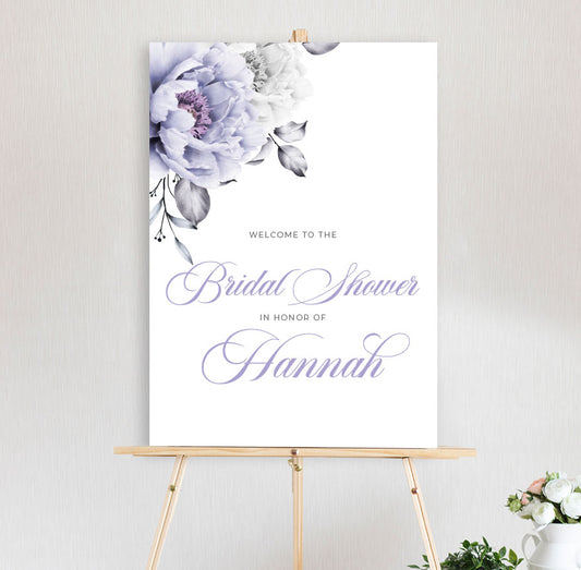 floral rose designed Bridal Shower Welcome Sign featuring white and lavender lilac rose with elegant flowing script font