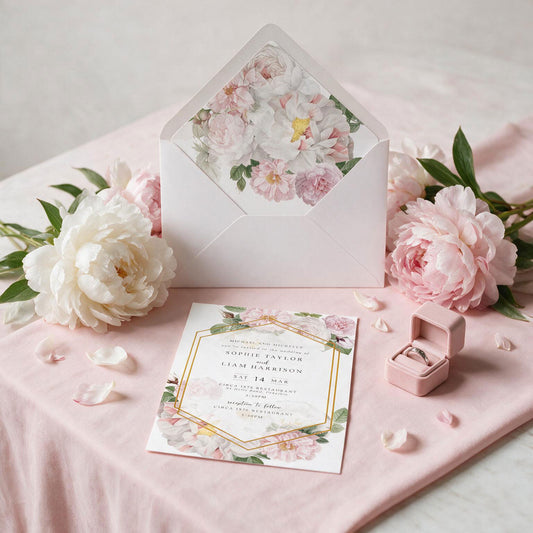 A styled wedding invitation suite on a blush pink fabric surface, featuring a white envelope with a floral liner, a matching printed invitation card, scattered pink flower petals, large white and pink peonies, and a small pink ring box with a ring.