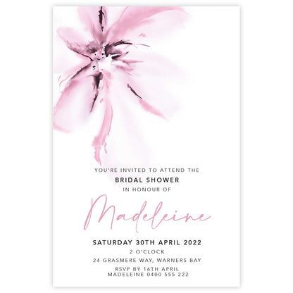 bridal shower invitation featuring a pink magnolia flower in a modern watercolour design 