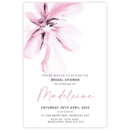 bridal shower invitation featuring a pink magnolia flower in a modern watercolour design 