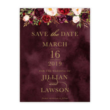 Marsala Flowers Save the Date card with peonie floral design and gold text on a burgundy background 
