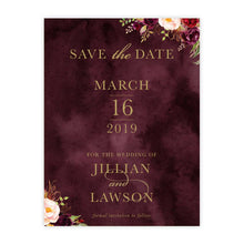 Marsala Flowers Save the Date card with peonie floral design and gold text on a burgundy background