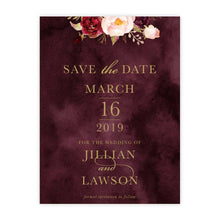 Marsala Flowers Save the Date card with peonie floral design and gold text on a burgundy background