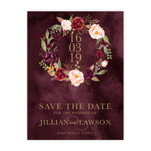 Marsala Flowers Save the Date card with peonie floral wreath design and gold text  on a burgundy background