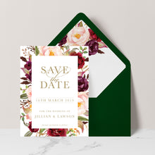 Marsala Flowers Save the Date card with peonie floral framed design and gold text with a green envelope and matching floral liner