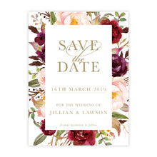 Marsala Flowers Save the Date card with peonie floral framed design and gold text 