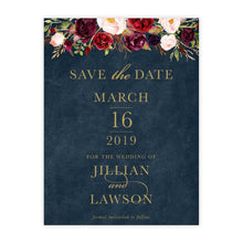 Marsala Flowers Save the Date card with peonie floral design and gold text on a navy background