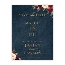 Marsala Flowers Save the Date card with peonie floral design and gold text on a navy background 