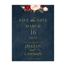 Marsala Flowers Save the Date card with peonie floral design and gold text on a navy background