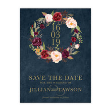 Marsala Flowers Save the Date card with peonie floral wreath design and gold text  on a navy background
