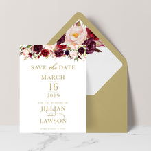 Marsala Flowers Save the Date card with peonie floral design and gold text on a white background with gold envelope and matching floral liner
