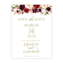 Marsala Flowers Save the Date card with floral design and gold text on a white background