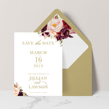 Marsala Flowers Save the Date card with peonie floral design and gold text on a white background with gold envelope and matching floral liner