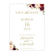 Marsala Flowers Save the Date card with peonie floral design and gold text on a white background