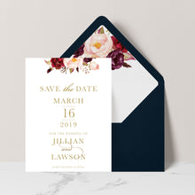 Marsala Flowers Save the Date card with peonie floral design and gold text on a white background with navy envelope and matching floral liner