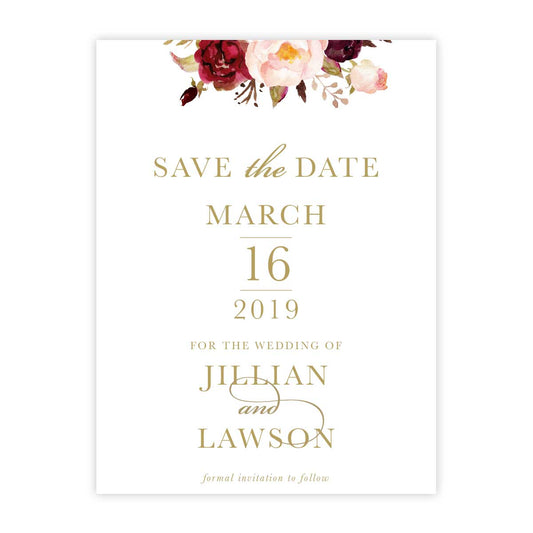 Marsala Flowers Save the Date card with peonie floral design and gold text on a white background 
