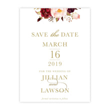 Marsala Flowers Save the Date card with peonie floral design and gold text on a white background 