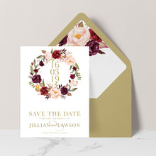 Marsala Flowers Save the Date card with peonie floral wreath design and gold text  on a white background with gold envelope and matching floral liner
