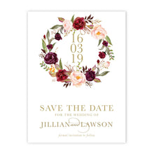 Marsala Flowers Save the Date card with peonie floral wreath design and gold text  on a white background 