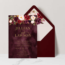 Marsala Flowers Wedding invitation with peonie floral design and gold text on a burgundy background with burgundy envelope and matching floral liner