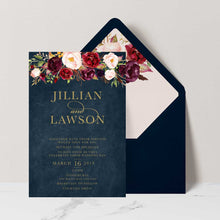 Marsala Flowers Wedding invitation with floral design and gold text on a navy background with navy envelope and matching floral liner
