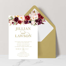 Marsala Flowers Wedding invitation with floral design and gold text on a white background with gold envelope and matching floral liner