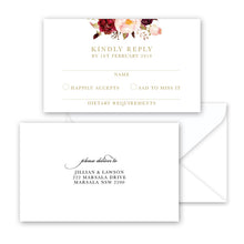 Marsala Flowers Wedding RSVP card with floral design and envelope on a white background