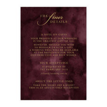 Marsala Flowers Wedding details card with gold text on a burgundy background