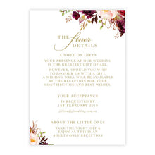 Marsala Flowers Wedding details card with gold text and flowers on a white background